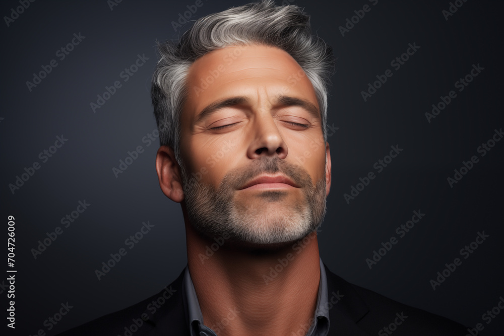 Studio portrait of handsome mature man with eyes closed, charcoal colored background. Studio portrait of handsome mature man with eyes closed, charcoal colored background.