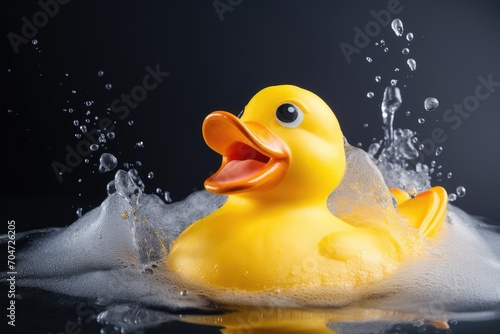Giant rubber duck bathing on a grey surface.