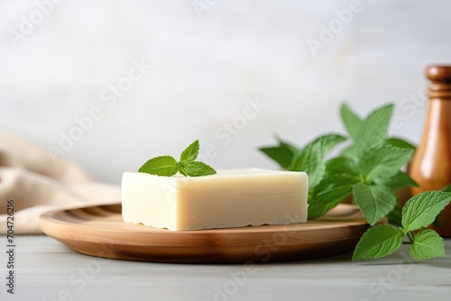 Eco-friendly solid shampoo soap bar on wooden dish. Green leaves above with text space, zero waste.