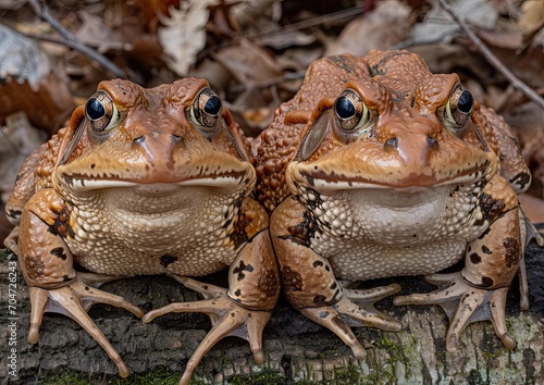 Twin Brown Frogs with Striking Eyes Sitting on Autumn Leaves
