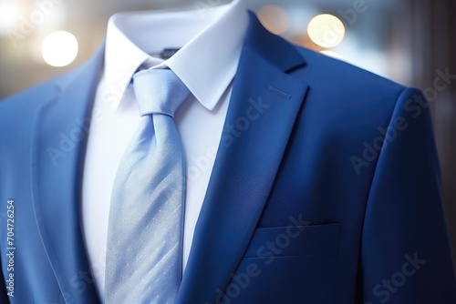 Close-up soft focus of men's business style clothing fashion: white shirt, blue tie, and suit jacket.