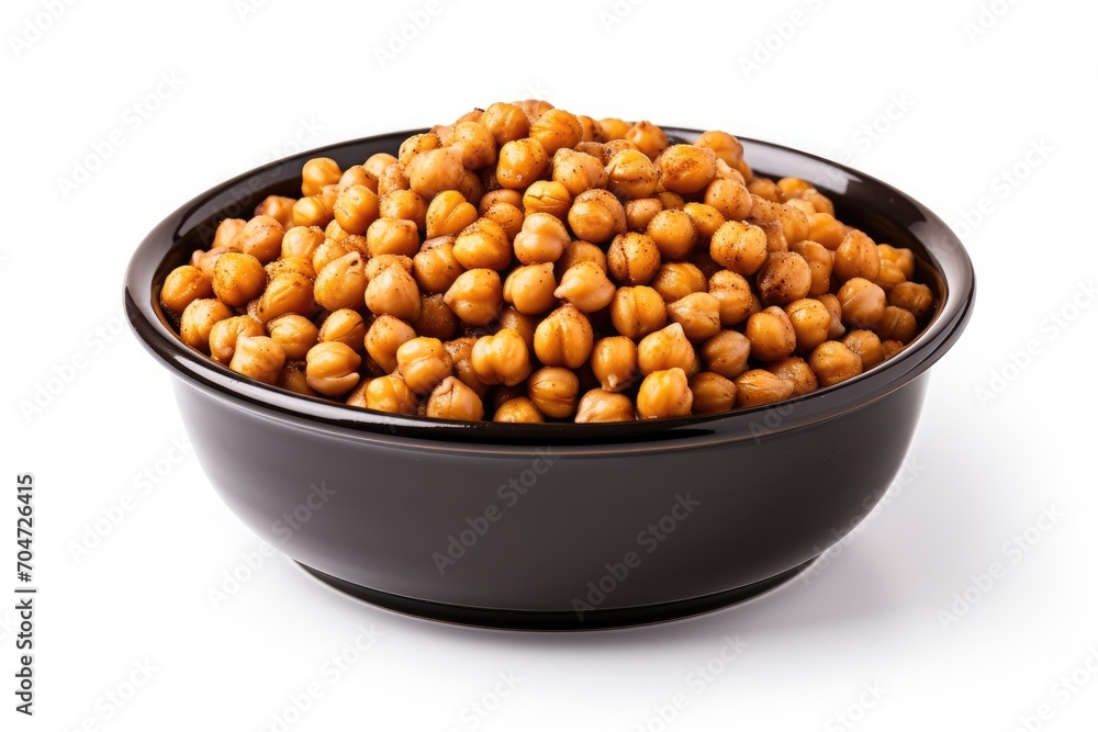 Black ceramic bowl filled with cooked chick peas on a white background Black ceramic bowl filled with cooked chick peas on a white background