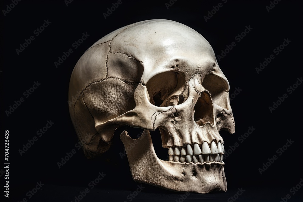 Fototapeta premium Black background with empty space for inscription showing side view of human skull with shadows and light