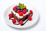Chocolate cake with berries and sour cream atop a white background seen from above