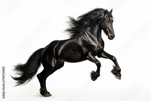 Black Andalusian horse standing on white background