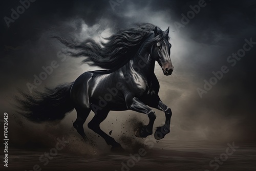 Black horse galloping in darkness © LimeSky