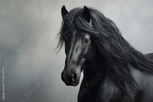 Black Friesian horse depicted against a grey background
