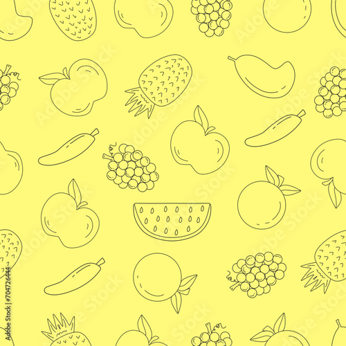 Seamless pattern of tropical fruit thin line such grape  watermelon  apple  orange  banana  mango and pineapple. Perfect for textile design  wrapping  etc. 
