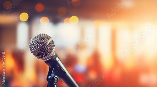 Blurred photo of conference hall or seminar room with microphone over it