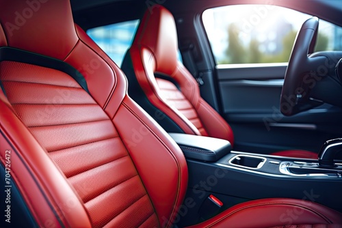 Blurry background of back seats modern sports car s front view red leather front passenger seat