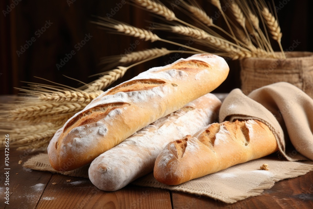 Close-up of delicious baguettes and spikelets on wooden table.