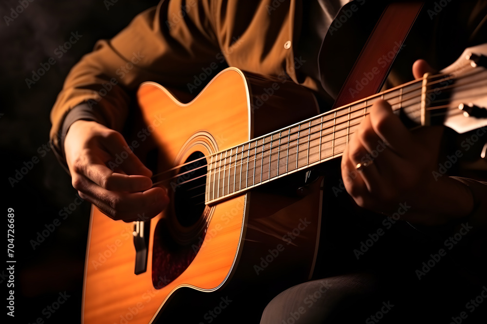 Fototapeta premium Man playing acoustic guitar on dark background, closeup. Music concept