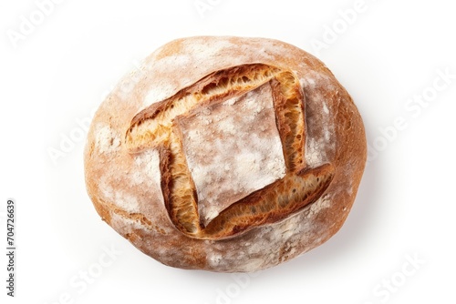 Newly baked bread, white background, top view.