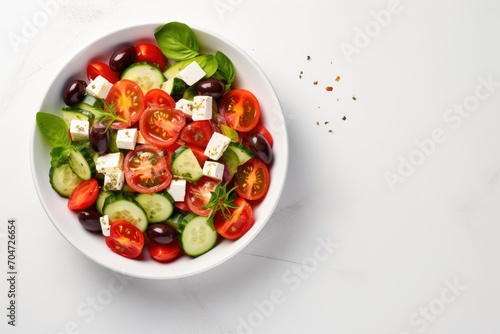 Greek salad - tomatoes, cucumbers, bell peppers, olives, and feta in a white bowl, from above, with room for text.