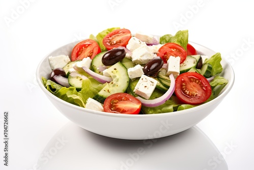 Greek salad against white backdrop.