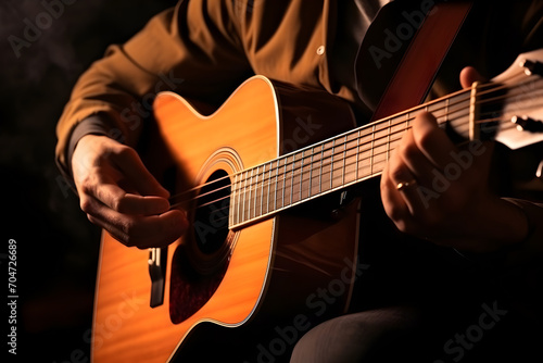 Man playing acoustic guitar on dark background, closeup. Music concept