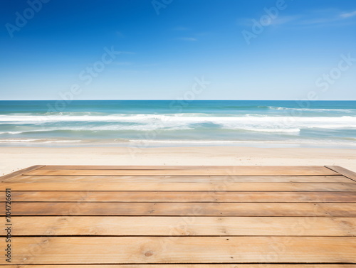 Wooden table on beach with ocean view