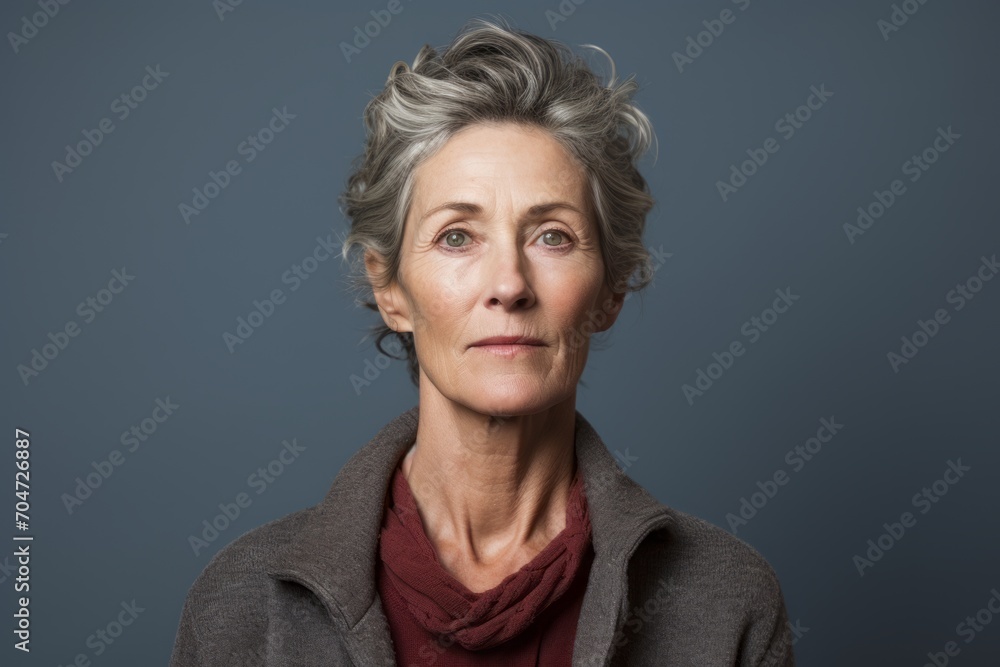 Portrait of a senior woman with a serious expression against a grey background Portrait of a senior woman with a serious expression against a grey background