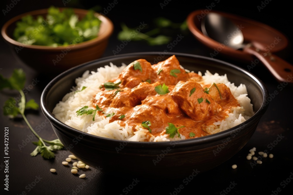 Indian butter chicken curry with basmati rice on dark background symbolizing traditional homemade cuisine Overhead view with space for text Indian butter chicken curry with basmati rice on dark background symbolizing traditional homemade cuisine Overhead view with space for text