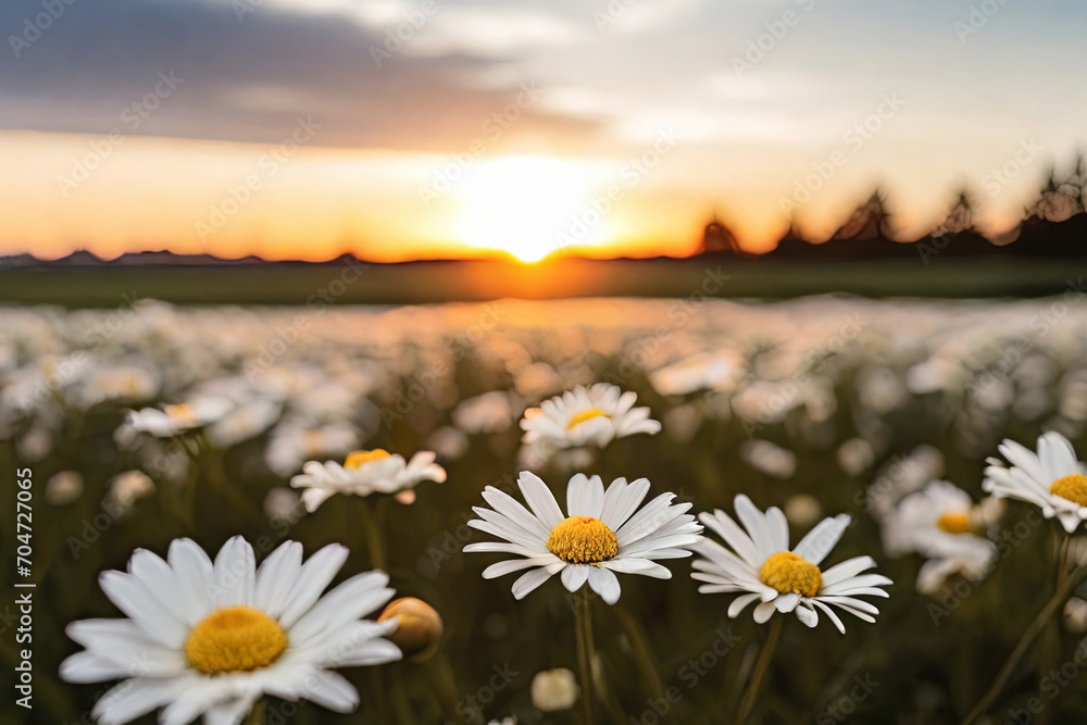 Sunset daisy field. White blooms against setting sun backdrop. Serene landscape capturing nature's beauty and tranquility.