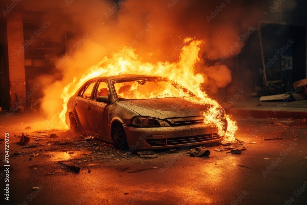 Burning car after putting out fire on city street Burning car after putting out fire on city street
