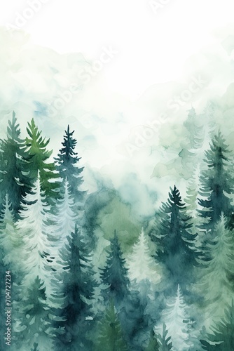 Watercolor Foggy Pine Forest Background