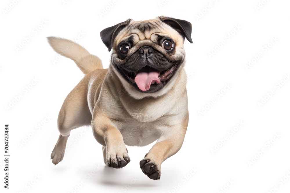 Obraz premium Cheerful pug dog posing and running in studio White background showing movement love for pets Ideal for ads
