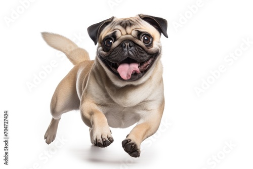 Cheerful pug dog posing and running in studio White background showing movement love for pets Ideal for ads