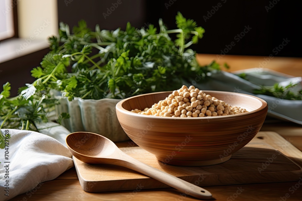 Chickpea on wooden table with bowl and spoon Chickpea on wooden table with bowl and spoon