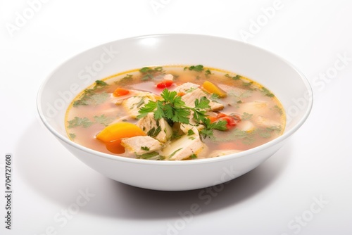 Chicken vegetable soup in white bowl on saucer Side view isolated on white