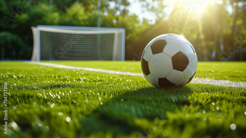 textured soccer game field with ball in front of the soccer goal