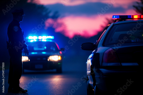 A police officer stands by the road at dusk with patrol cars' lights flashing in the background.