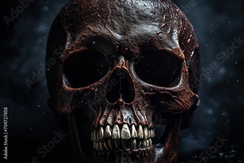 Close up of a dark eerie skull on a black backdrop photo