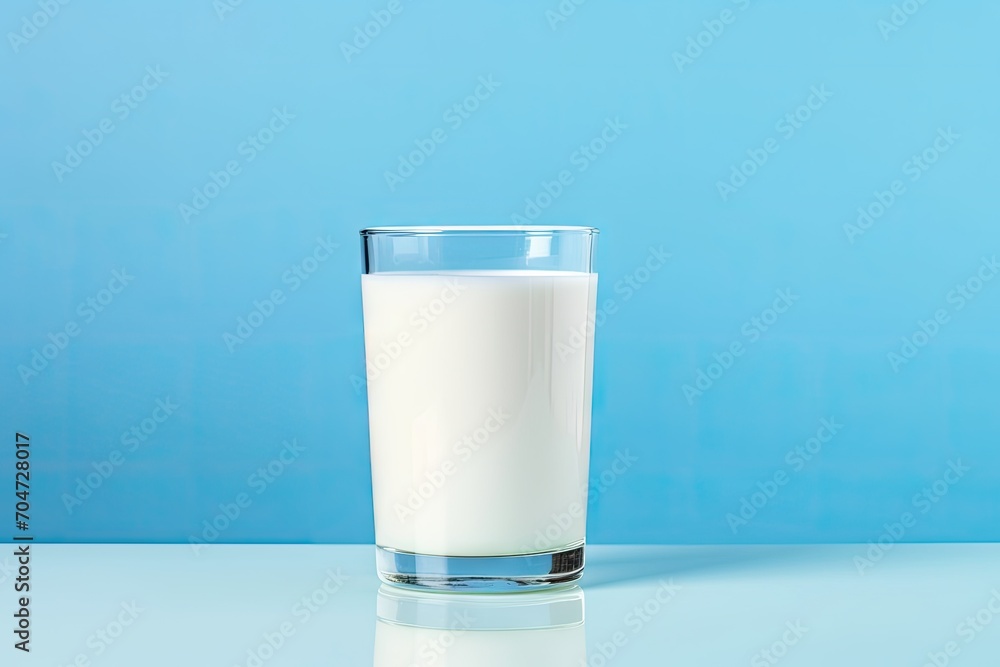 Close up of white milk on a blue background isolated Copy space representing dairy products Close up of white milk on a blue background isolated Copy space representing dairy products