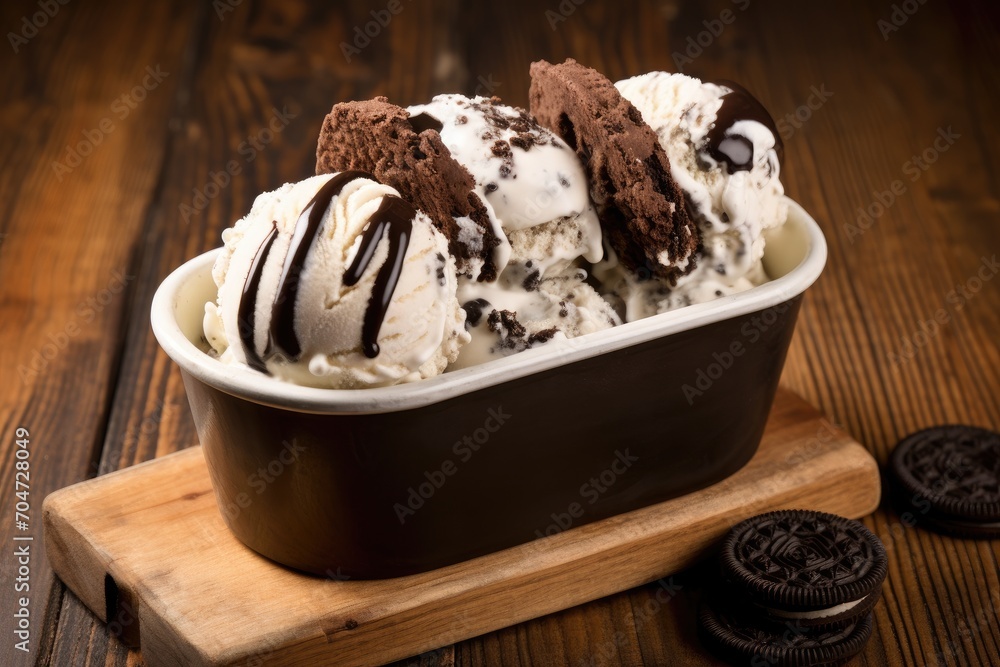 Close up view of an old wooden board with a takeaway tub filled with a swirl of vanilla ice cream Oreo biscuits and chosodate sauce Close up view of an old wooden board with a takeaway tub filled with a swirl of vanilla ice cream Oreo biscuits and chosodate sauce