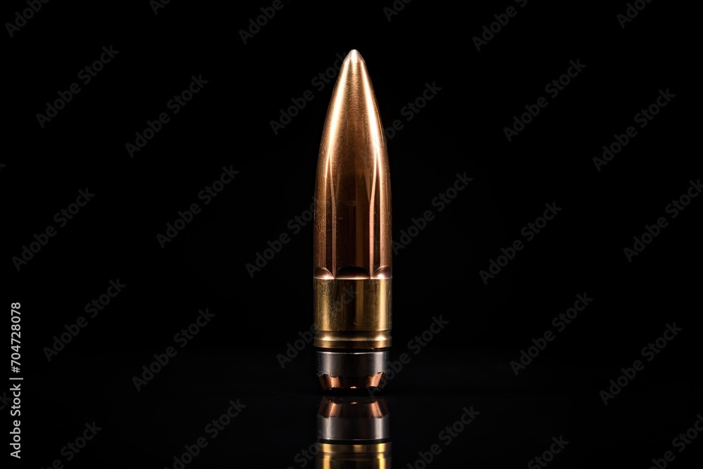 Close up view of isolated bullet with reflection on black background Cartridges for rifle and carbine also showcased on black Close up view of isolated bullet with reflection on black background Cartridges for rifle and carbine also showcased on black