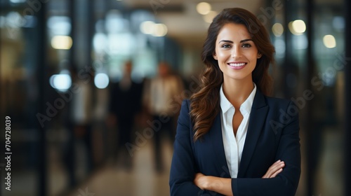 Confident business woman standing with arms crossed in office photo