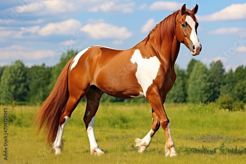 Close up shot of a chestnut horse with white leg markings walking on green grass with a four beat gait