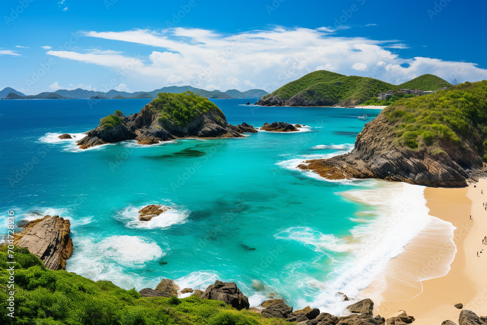 Fototapeta premium A coastal paradise with white sandy beaches and crystal-clear turquoise waters, where sun-kissed travelers engage in water activities and bask in the sheer joy of a perfect day by
