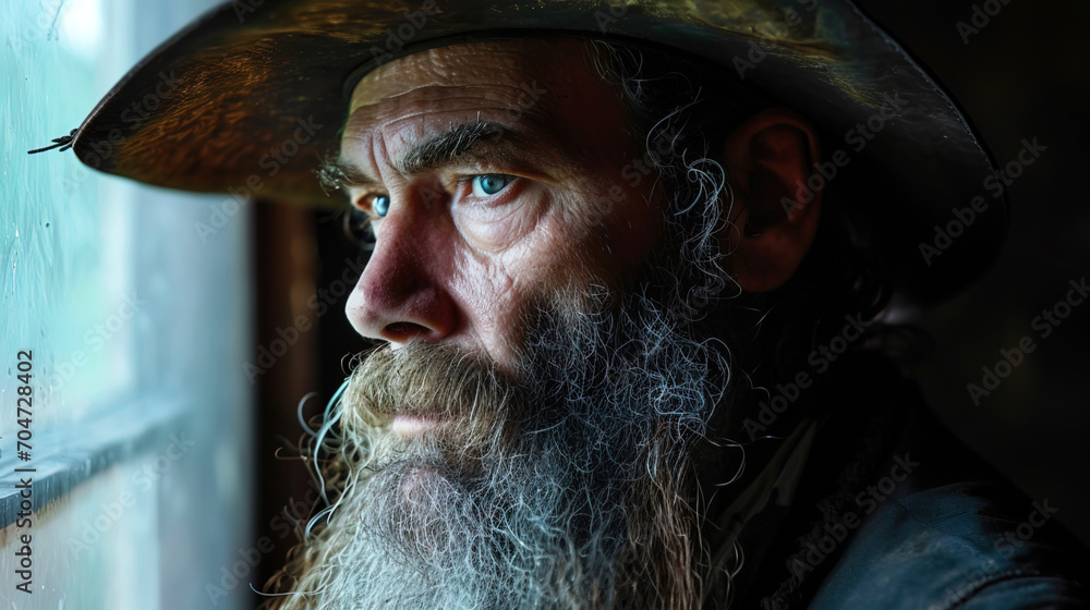 A man in an exquisite hat, with a long beard, looks like a character from an old picture full of m A man in an exquisite hat, with a long beard, looks like a character from an old picture full of m