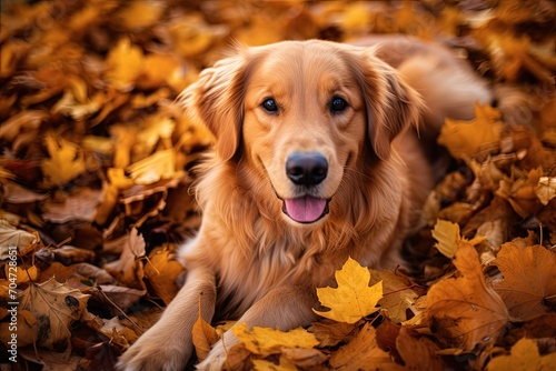 Golden Retriever Dog playing in leaves during Autumn