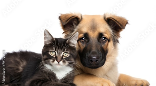 Gorgeous cat and dog against white backdrop