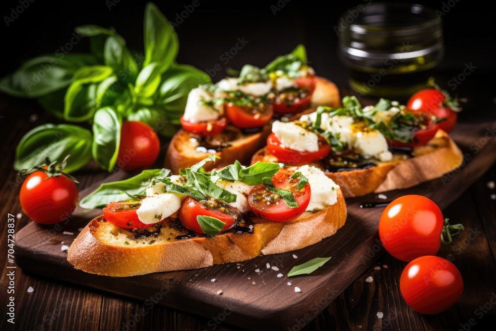 Italian tapas with fresh tomato, basil, cheese, vegetables, herbs, oil on grilled bread.