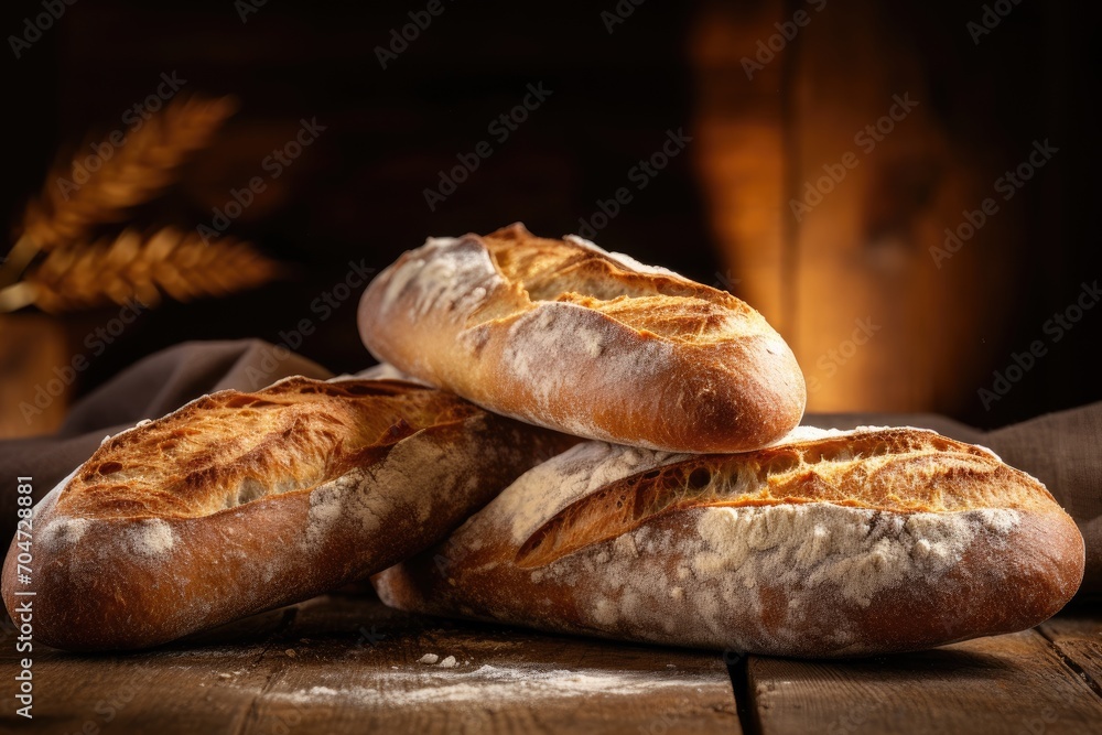 Three baguettes close-up on a rustic wooden table with a dark backdrop.