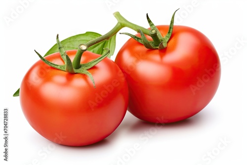 Isolated tomato on white background with basil leaves. Clipping path included. Full depth of field.