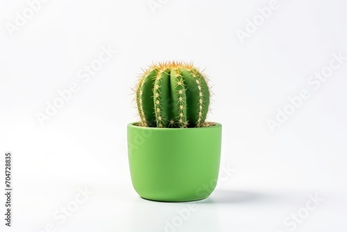 Green cactus plant in pot on white desk background.