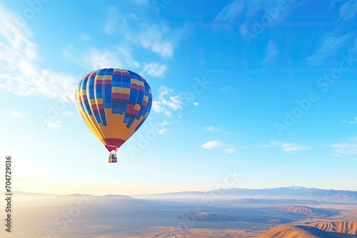 High quality photo of a blue hot air balloon soaring in a clear sky