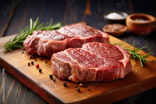 Two traditional ribeye steaks presented on a wooden board.