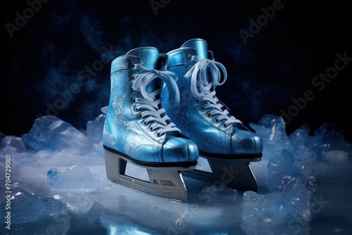 Ice skates in a striking blue portrait photograph photo