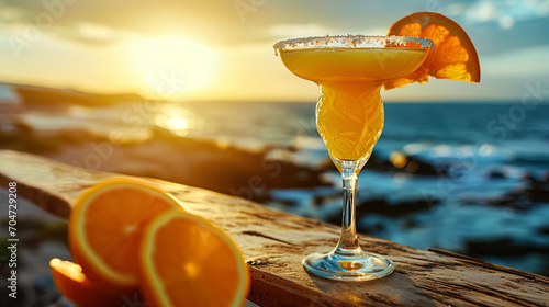 The refreshing orange margarita with salt on the edge of the glass, against the backdrop of the wa photo